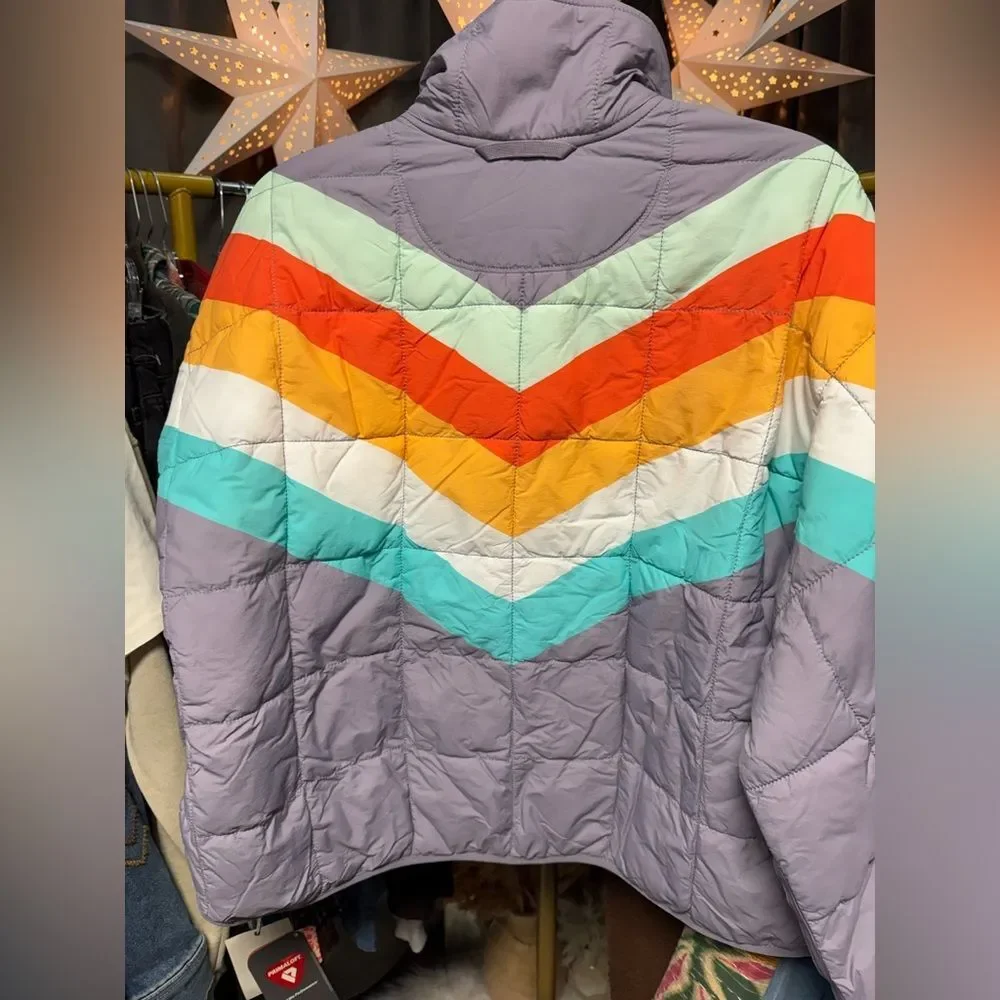 Free People Pippa striped Packable PufferJacket Steel Peach Combo - Picture 6 of 10